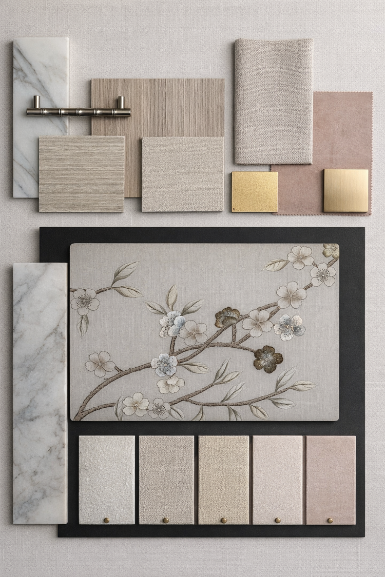 Warm neutral material palette with stone, wood, and brass finishes