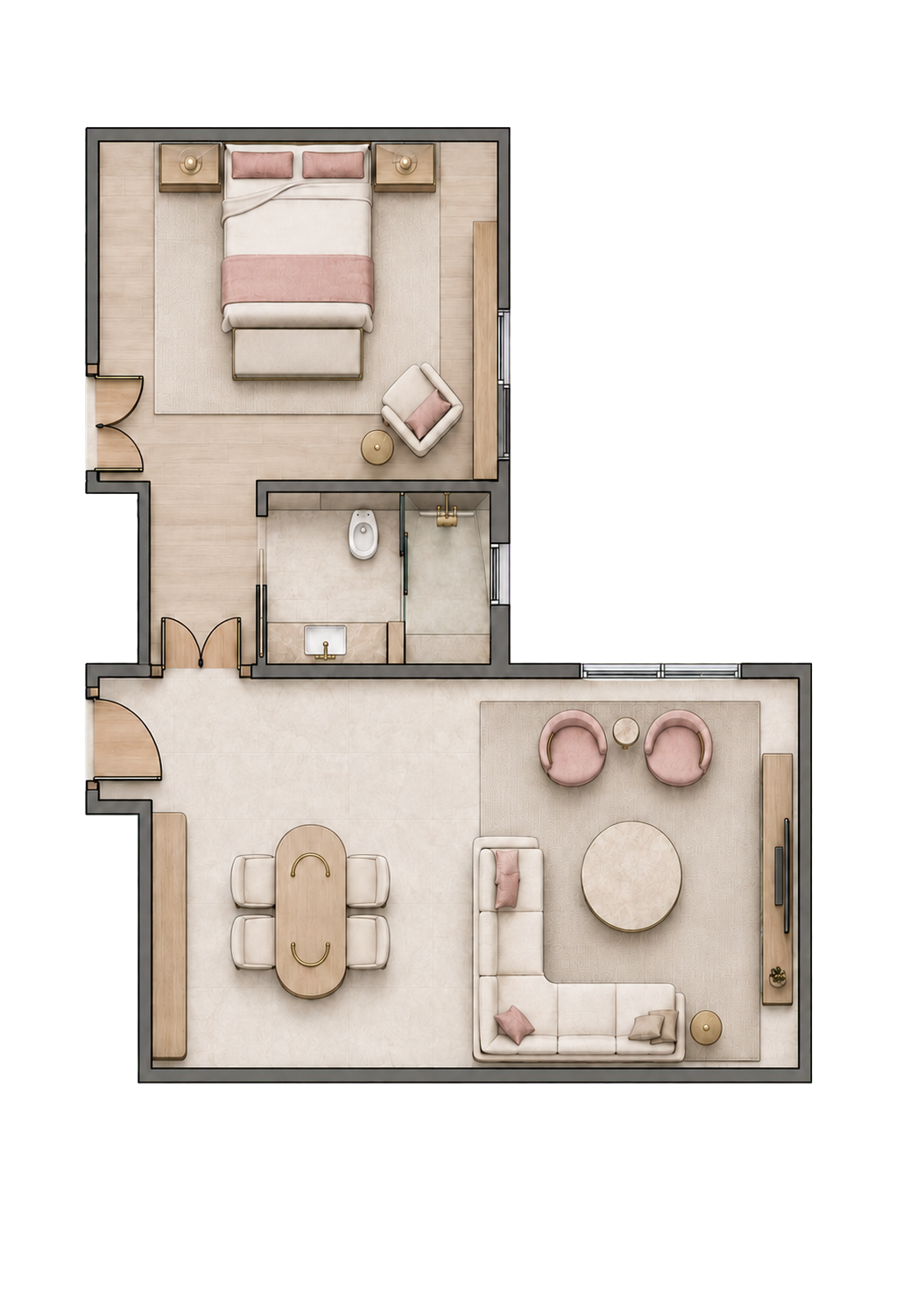 Rendered space plan for Blush Retreat
