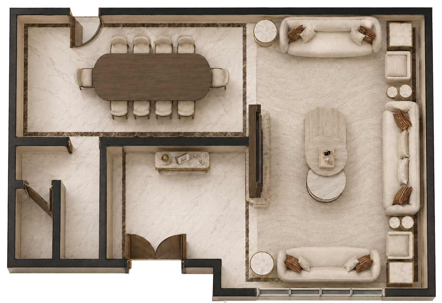 Rendered furniture layout for Cedar and Ivory Majlis