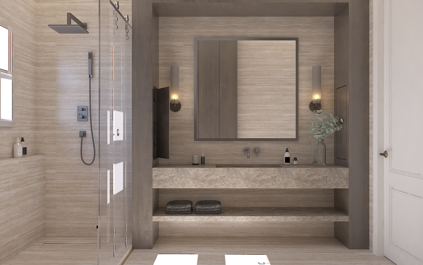 Ensuite vanity and glass shower enclosure