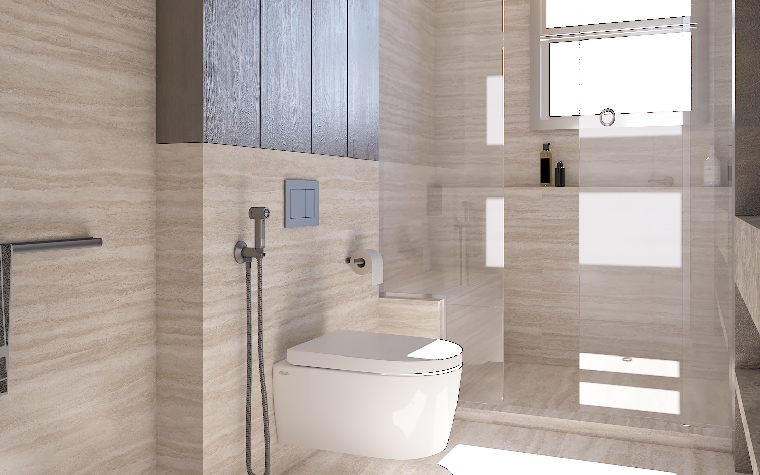 Wall-hung toilet and shower area