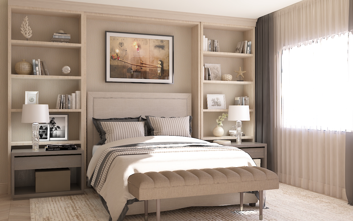 Bed wall with integrated shelving and warm neutral finishes