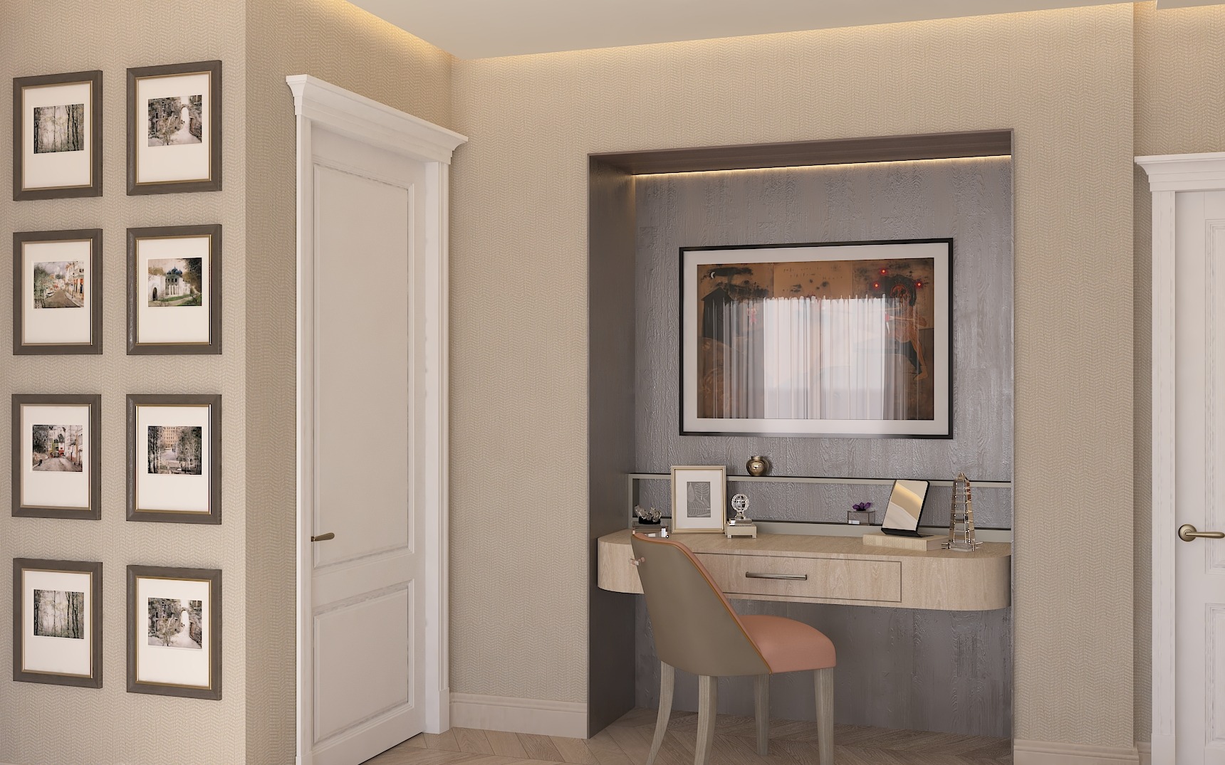 Integrated study desk and artwork wall