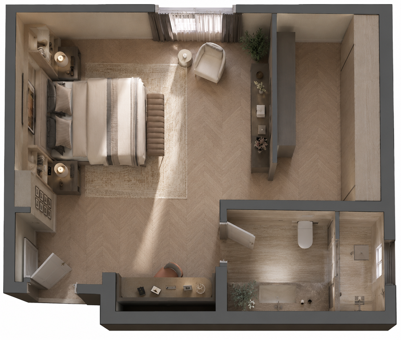 Rendered furniture layout for Quiet Haven Suite