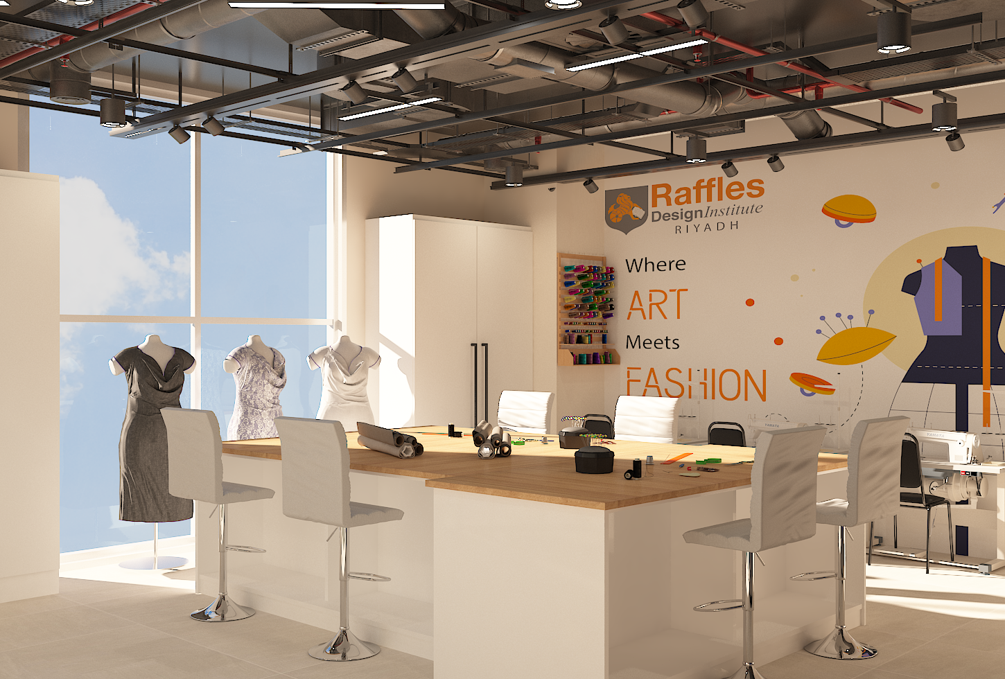Fashion studio with worktables and sewing stations