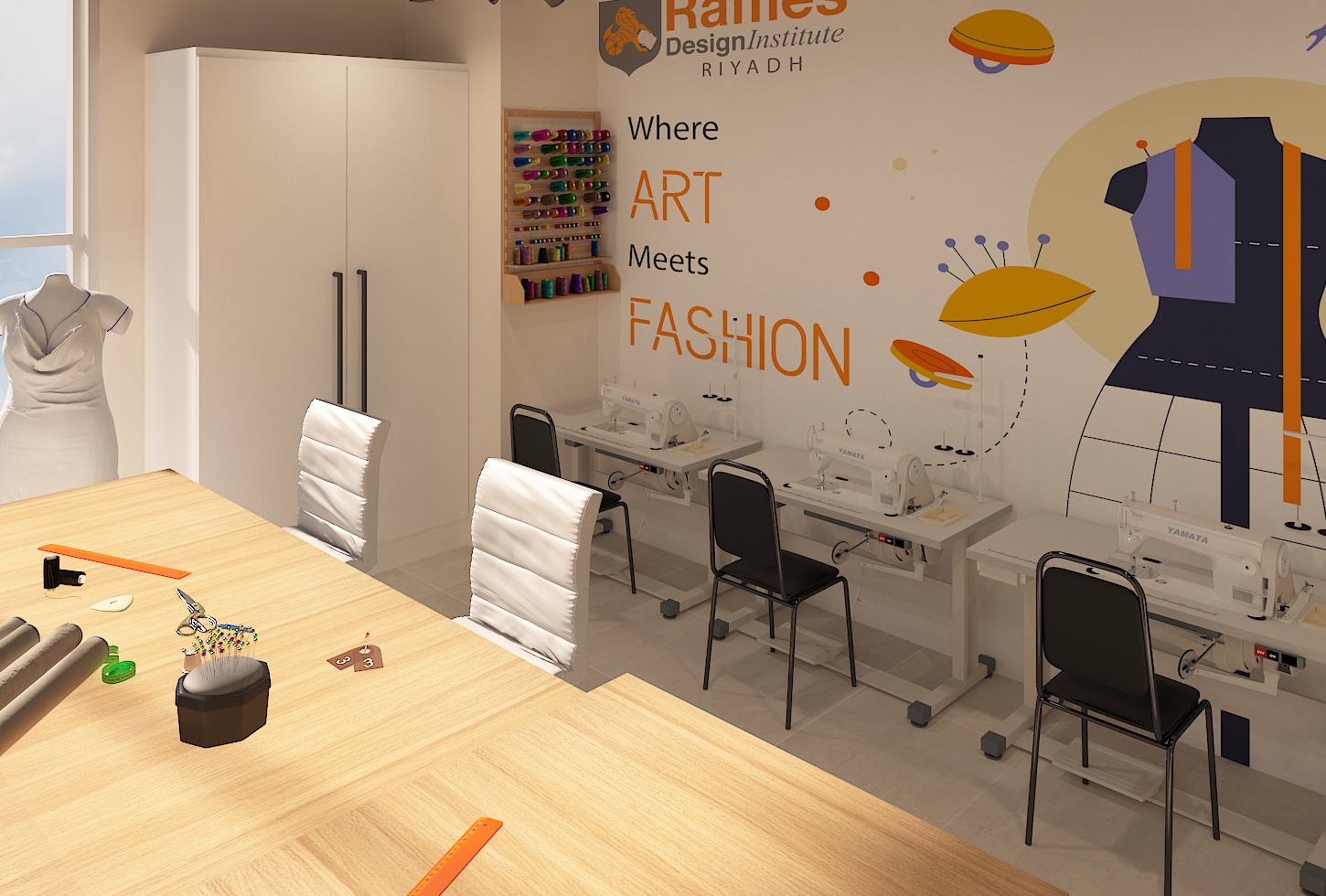 Fashion studio sewing stations and wall graphic