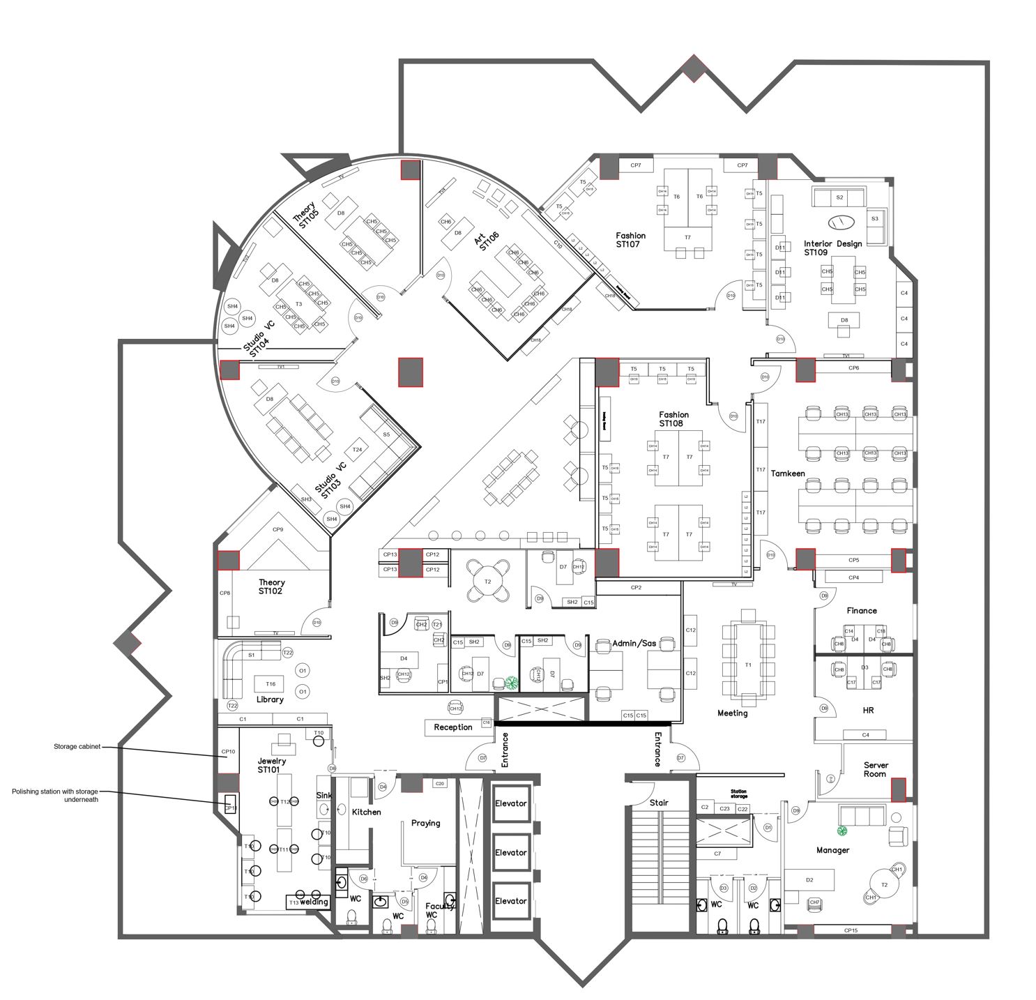 Detailed furniture layout plan for Raffles Design Institute
