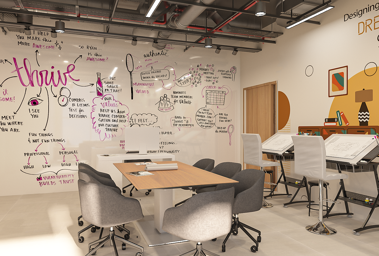 Interior design studio presentation wall